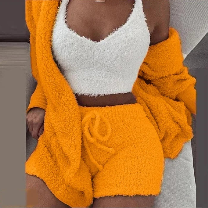 Nova | Women's Fluffy Pyjama Set – 3-Piece Sleepwear Hoodie Tank Top and Shorts
