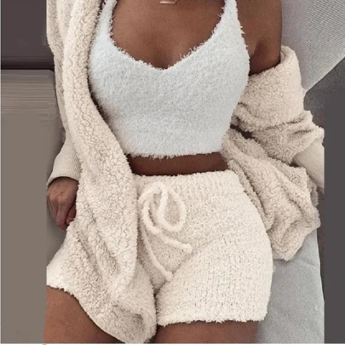 Nova | Women's Fluffy Pyjama Set – 3-Piece Sleepwear Hoodie Tank Top and Shorts