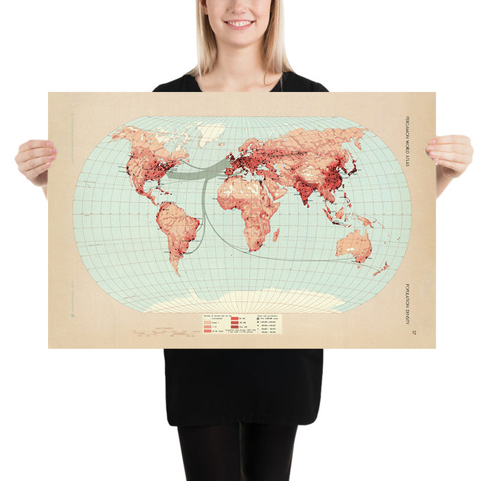 Old Infographic Map of World Population Density, 1967: Emigration Visualization, Thematic Cartography, Demographics
