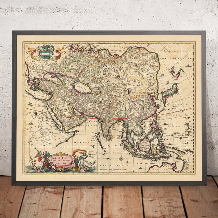 Old Map of Asia by Visscher, 1690: Middle East, East Asia, Central Asia, South Asia, Southeast Asia