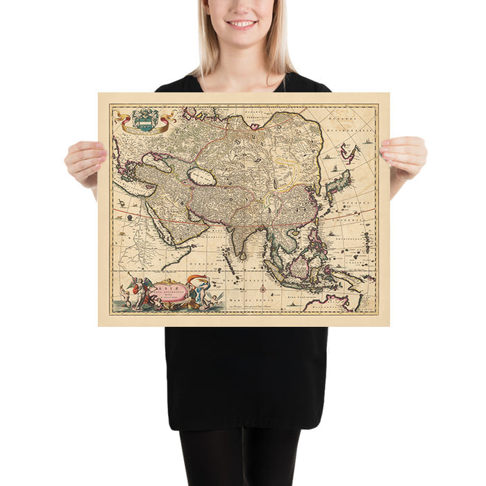 Old Map of Asia by Visscher, 1690: Middle East, East Asia, Central Asia, South Asia, Southeast Asia