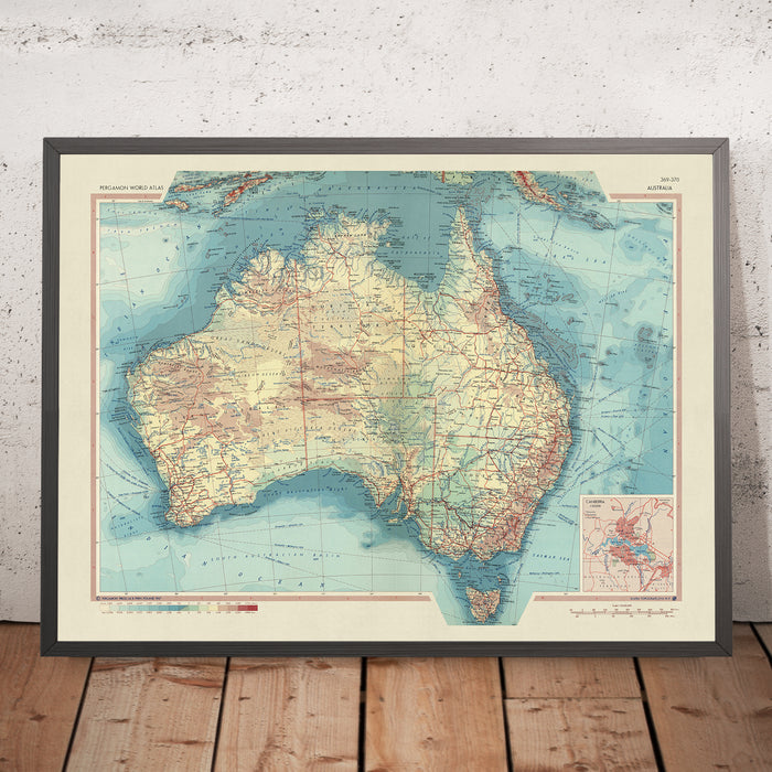 Old Map of Australia, 1967: Political & Physical Atlas Chart of States & Territories