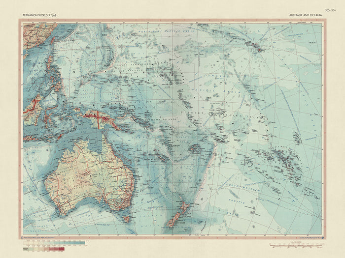 Old Map of Australia & Oceania, 1967: New Zealand, Borneo, Polynesia, Micronesia, Hawaii, Pacific Islands