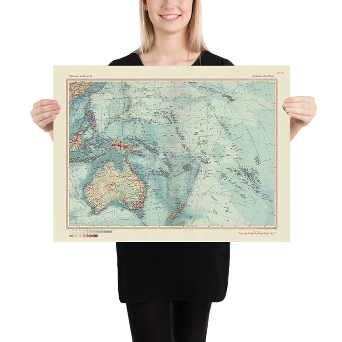 Old Map of Australia & Oceania, 1967: New Zealand, Borneo, Polynesia, Micronesia, Hawaii, Pacific Islands