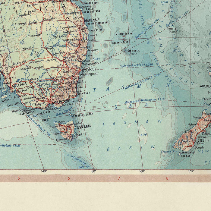 Old Map of Australia & Oceania, 1967: New Zealand, Borneo, Polynesia, Micronesia, Hawaii, Pacific Islands
