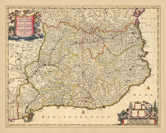 Old Map of Catalonia & Roussillon by Visscher, 1690: Barcelona, Tarragona, Girona, Perpignan, Pyrenees