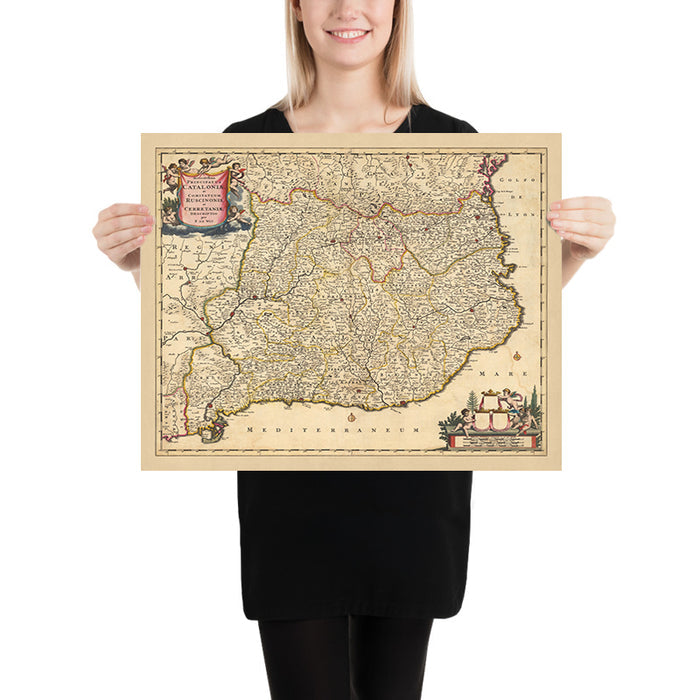 Old Map of Catalonia & Roussillon by Visscher, 1690: Barcelona, Tarragona, Girona, Perpignan, Pyrenees