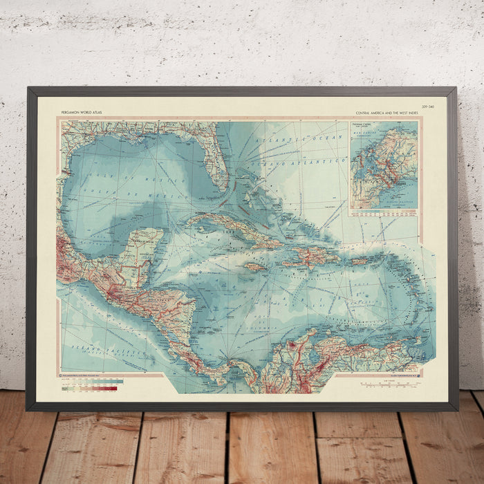 Old Map of Central America and the West Indies, 1967: Panama Canal, Florida Peninsula, Caribbean Sea & Islands