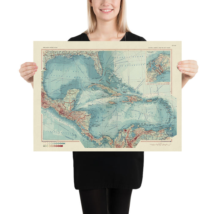 Old Map of Central America and the West Indies, 1967: Panama Canal, Florida Peninsula, Caribbean Sea & Islands
