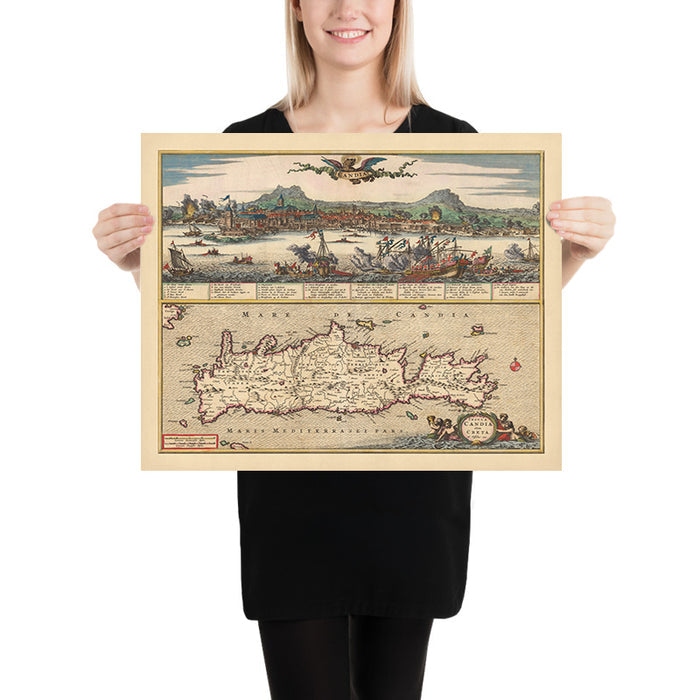 Old Map of Crete by Visscher, 1690: Chania, Heraklion, Agios Nikolaos, Rethimno, White Mountains