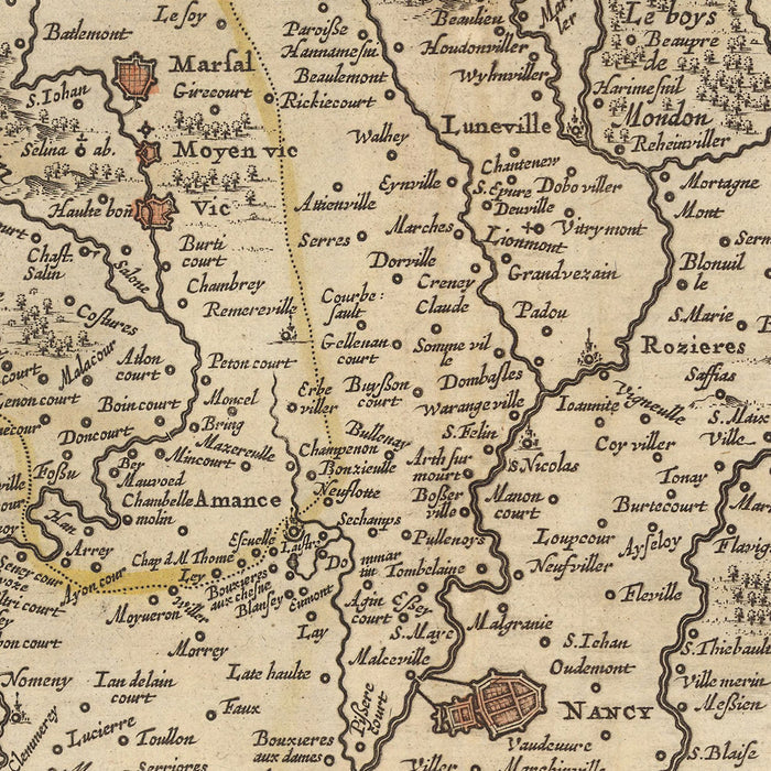 Old Map of Duchy of Lorraine, France by Visscher, 1690: Nancy, Metz, Saarbrücken, Kaiserslauten, Northern Vosges Park