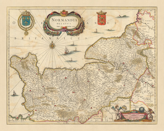 Old Map of Duchy of Normandy by Visscher, 1690: Caen, Le Havre, Roen, Cherbourg-en-Cotentin, Normandie-Maine Park