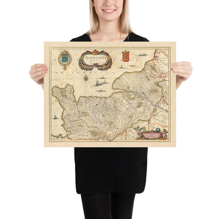 Old Map of Duchy of Normandy by Visscher, 1690: Caen, Le Havre, Roen, Cherbourg-en-Cotentin, Normandie-Maine Park