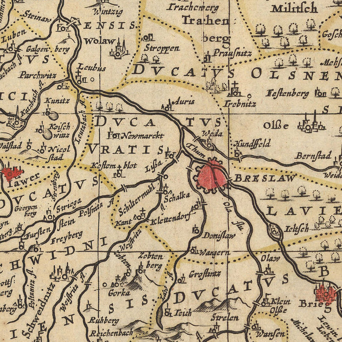 Old Map of Duchy of Silesia by Visscher, 1690: Wroclaw, Prague, Kraków, Poznań, Dresden