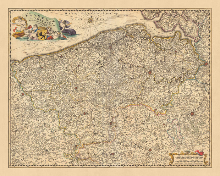 Old Map of Flanders by Visscher, 1690: Brussels, Antwerp, Ghent, Bruges, Scarpe-Escaut Park