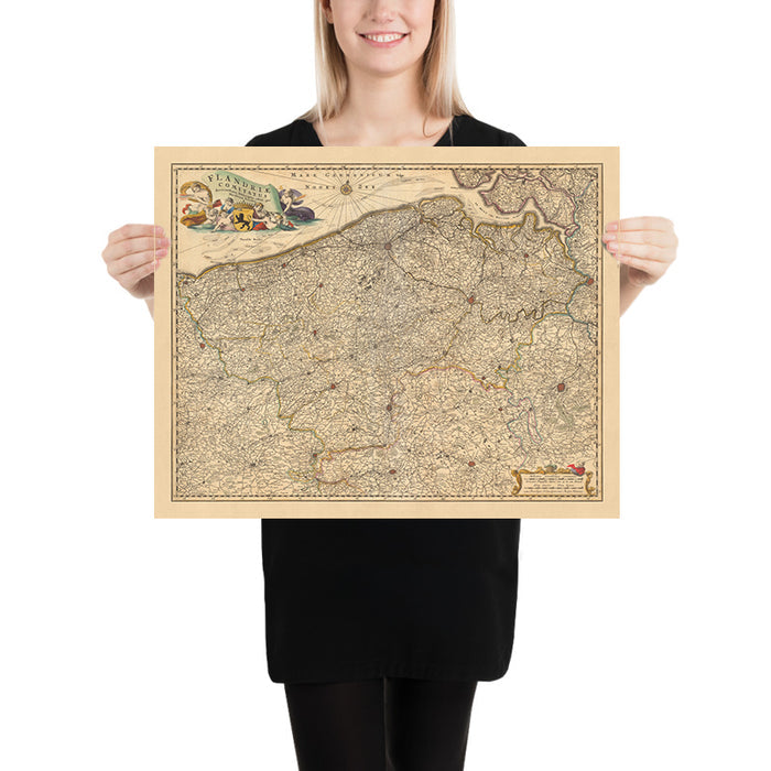 Old Map of Flanders by Visscher, 1690: Brussels, Antwerp, Ghent, Bruges, Scarpe-Escaut Park