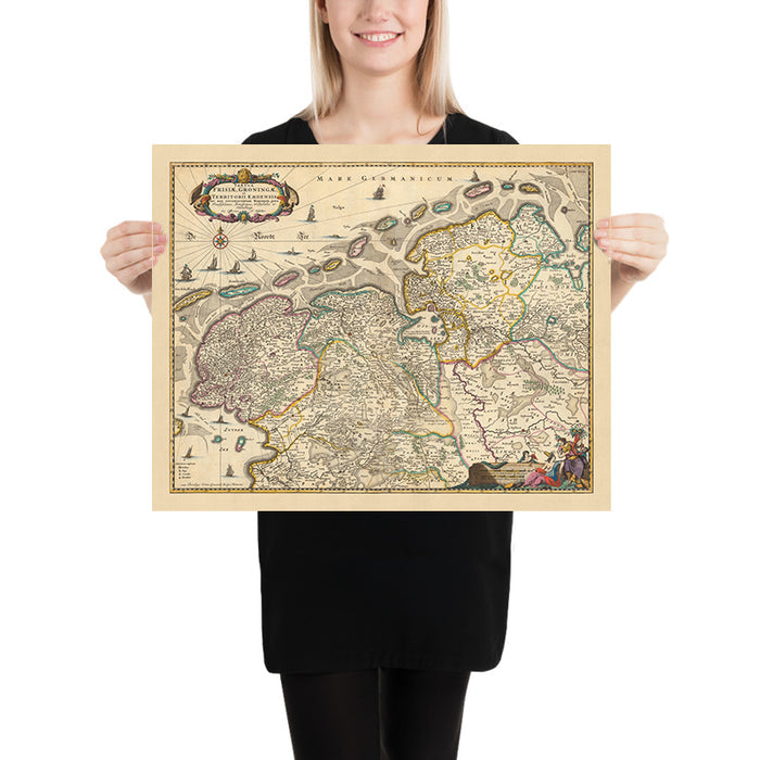Old Map of Friesland and Groningen by Visscher, 1690: Oldenburg, Zwolle, Leeuwarden, Emmen, Kampen