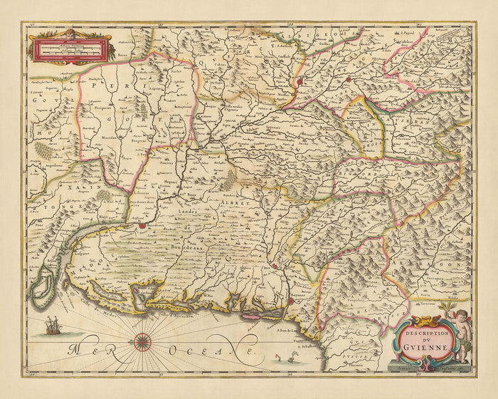 Old Map of Guyenne, France by Visscher, 1690: Toulouse, Bordeaux, Donostia-San-Sebastian, Pau, Pyrénées