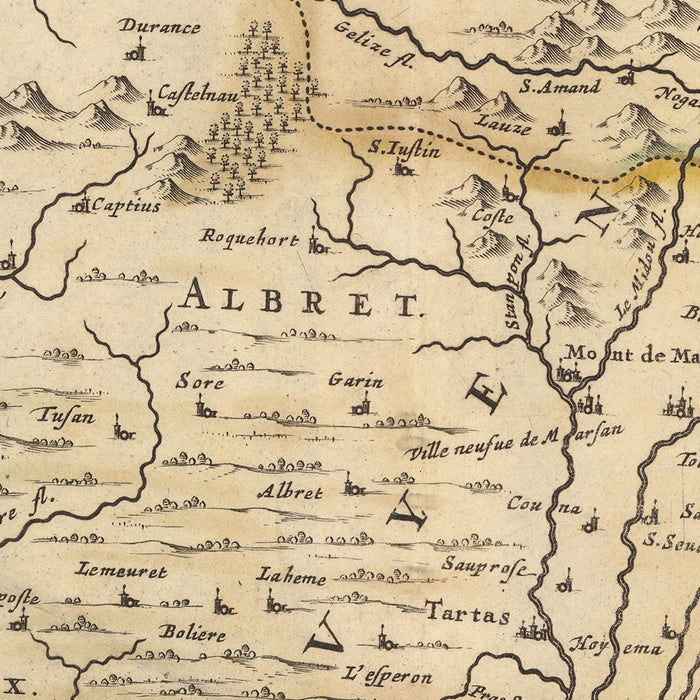 Old Map of Guyenne, France by Visscher, 1690: Toulouse, Bordeaux, Donostia-San-Sebastian, Pau, Pyrénées