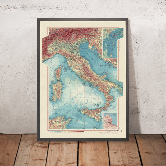 Old Map of Italy, 1967: Corsica, Sardinia, Sicily, Tyrrhenian Sea, Adriatic Sea