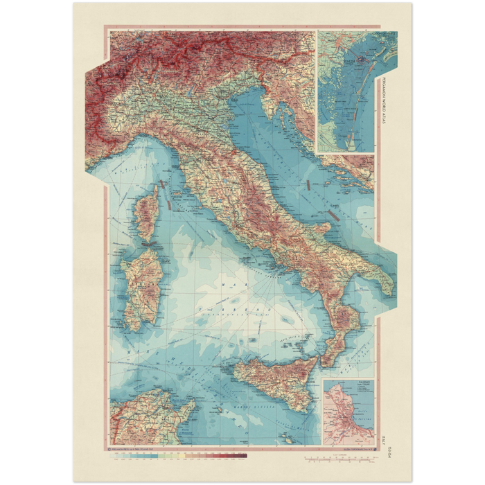 Old Map of Italy, 1967: Corsica, Sardinia, Sicily, Tyrrhenian Sea, Adriatic Sea