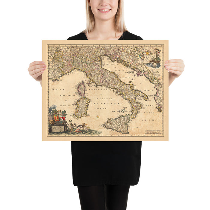 Old Map of Italy by Visscher, 1690: Rome, Milan, Palermo, Florence, Monaco