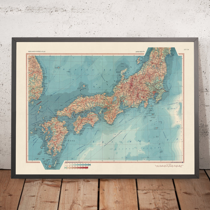 Old Map of Japan, 1967: Physical & Political Atlas Map of Honshu, Shikoku & Kyushu