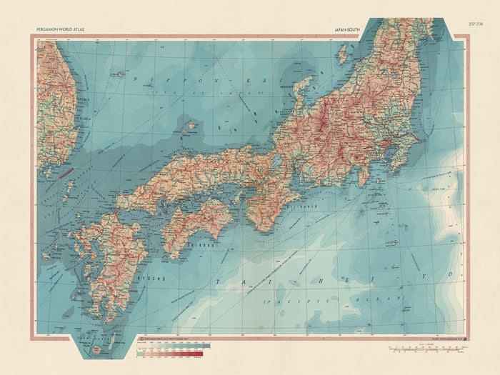 Old Map of Japan, 1967: Physical & Political Atlas Map of Honshu, Shikoku & Kyushu