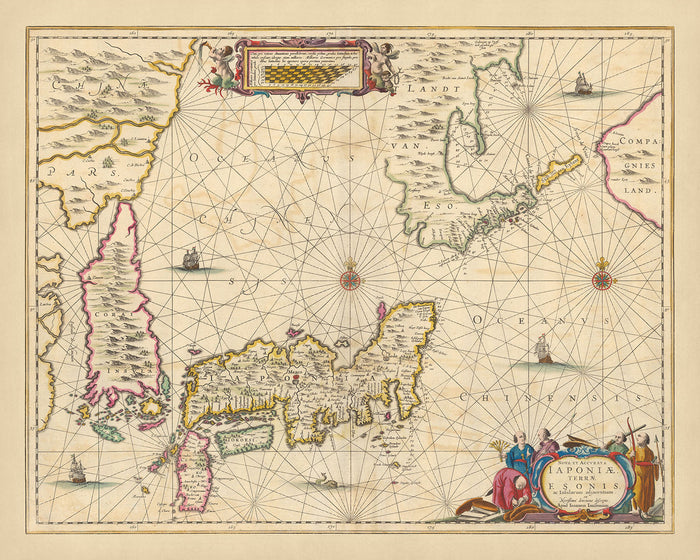 Old Map of Japan and Korea by Visscher, 1690: Tokyo, Osaka, Sapporo, Pyongyang, Mount Fuji