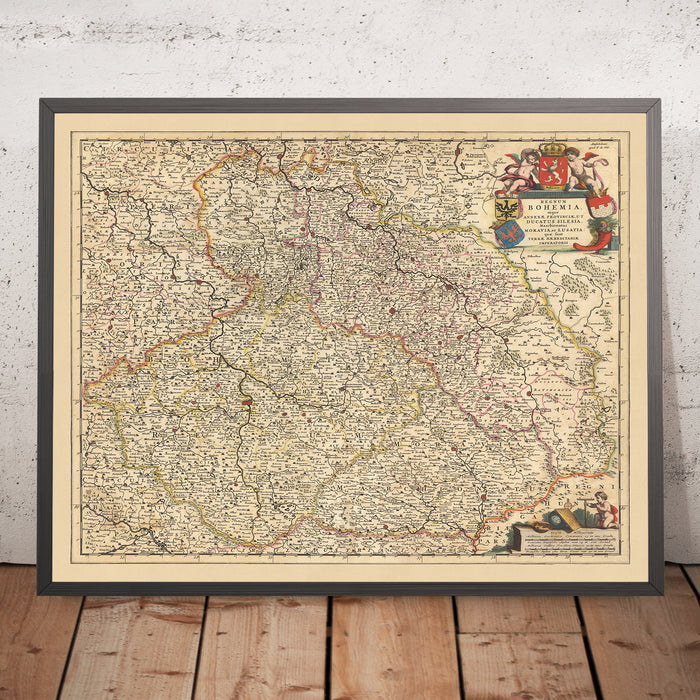 Old Map of Kingdom of Bohemia by Visscher, 1690: Prague, Brno, Ostrava, Wroclaw, Poznań