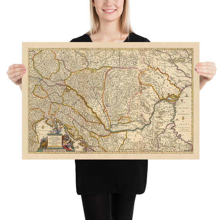 Old Map of Kingdom of Hungary by Visscher, 1690: Budapest, Vienna, Zagreb, Bucharest, Bratislava