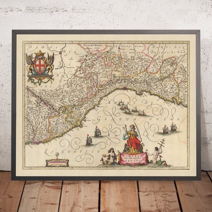 Old Map of Liguria & Republic of Genoa by Visscher, 1690: La Spezia, Nice, Turin, Sanremo, Maritime Alps Natural Park