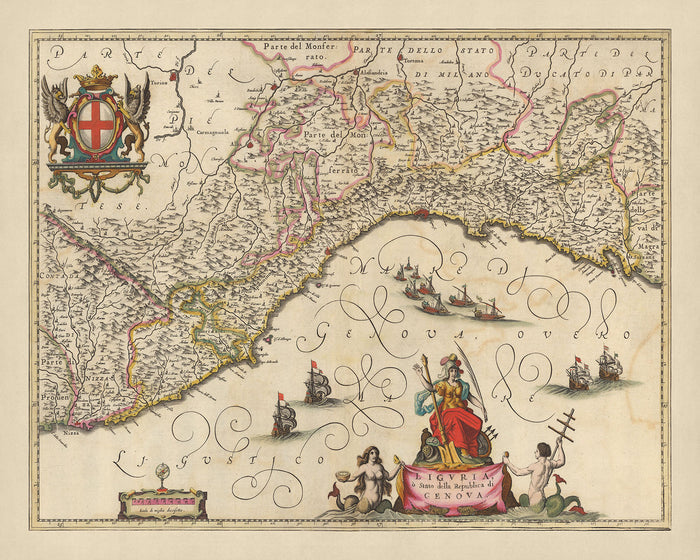 Old Map of Liguria & Republic of Genoa by Visscher, 1690: La Spezia, Nice, Turin, Sanremo, Maritime Alps Natural Park