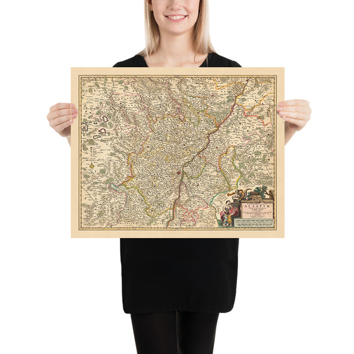 Old Map of Lower Alsace by Visscher, 1690: Strasbourg, Karlsruhe, Pforzheim, Speyer, North Vosges Reserve