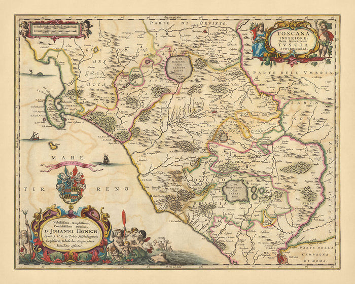 Old Map of Lower Tuscany, Italy by Visscher, 1690: Viterbo, Rome, Orvieto, Civitavecchia, Parco Bracciano Martignano