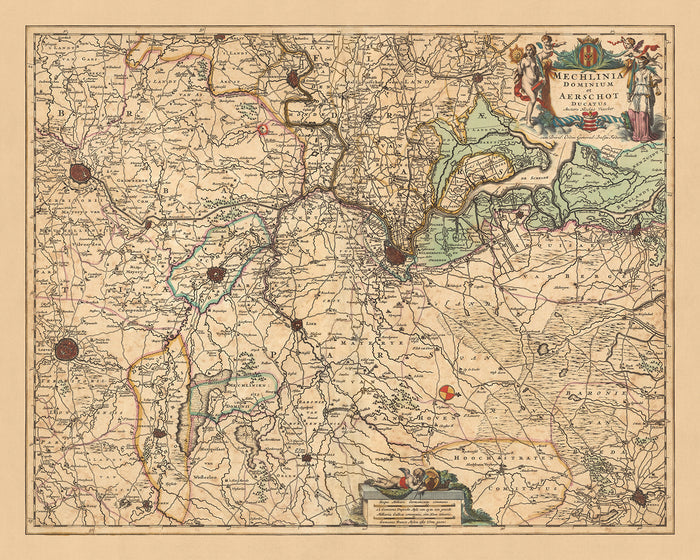 Old Map of Mechelen and Duchy of Aarschot by Visscher, 1690: Antwerp, Brussels, Leuven, Mechelen, Sint-Niklaas