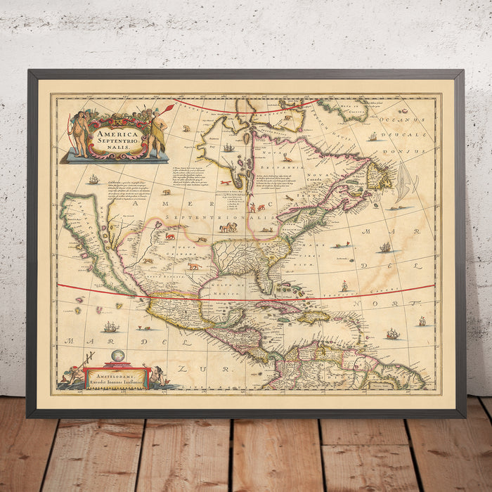 Old Map of North America by Visscher, 1690: Central America, Caribbean, Mexico City, Washington, Bermuda Triangle