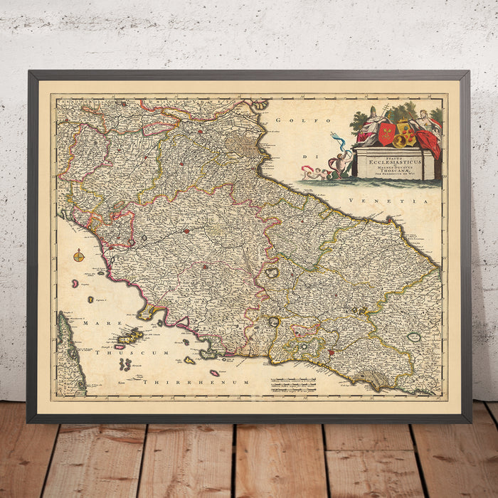 Old Map of Papal States & Duchy of Tuscany, Italy by Visscher, 1690: Rome, Florence, Pescara, Bologna, Pisa