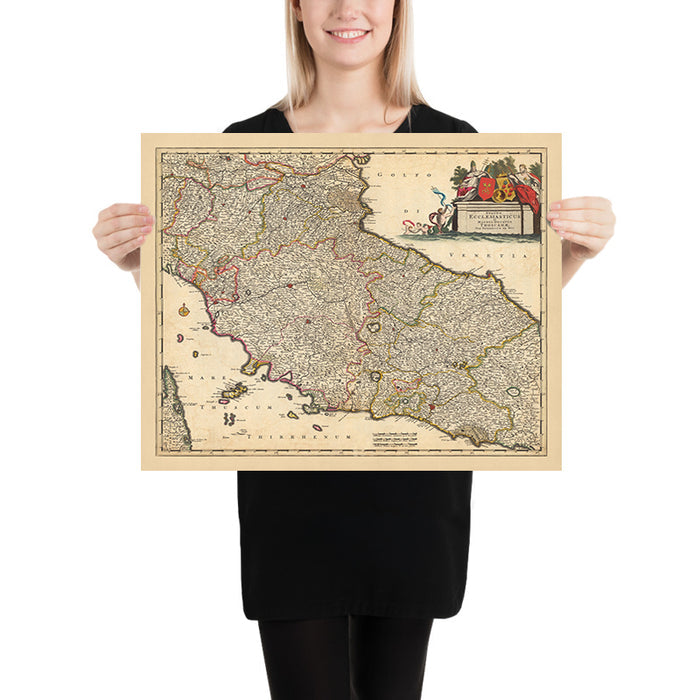 Old Map of Papal States & Duchy of Tuscany, Italy by Visscher, 1690: Rome, Florence, Pescara, Bologna, Pisa