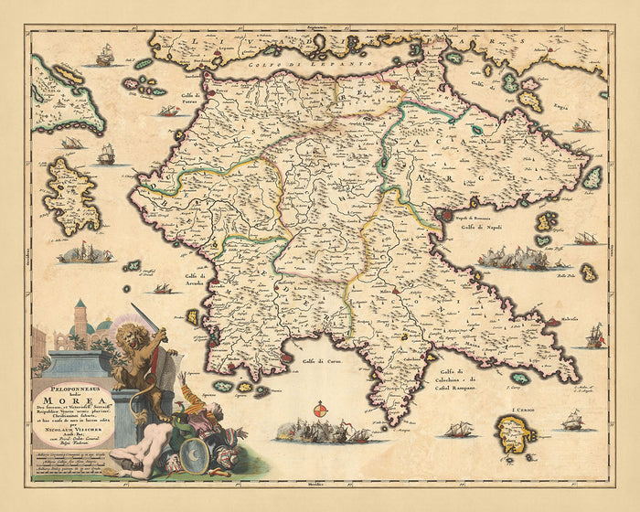 Old Map of Peloponnese, Greece by Visscher, 1690: Patras, Zakinthos, Kalamata, Nafplion, Saronic Islands