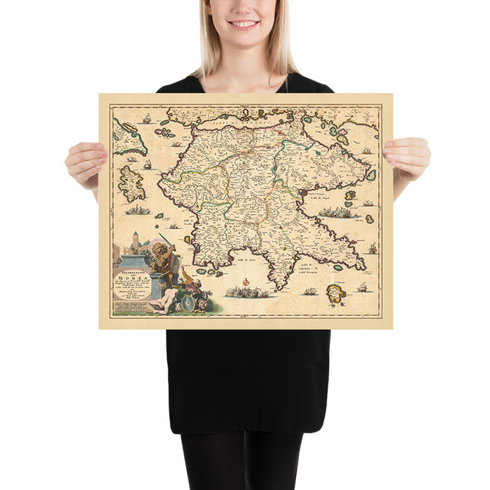 Old Map of Peloponnese, Greece by Visscher, 1690: Patras, Zakinthos, Kalamata, Nafplion, Saronic Islands
