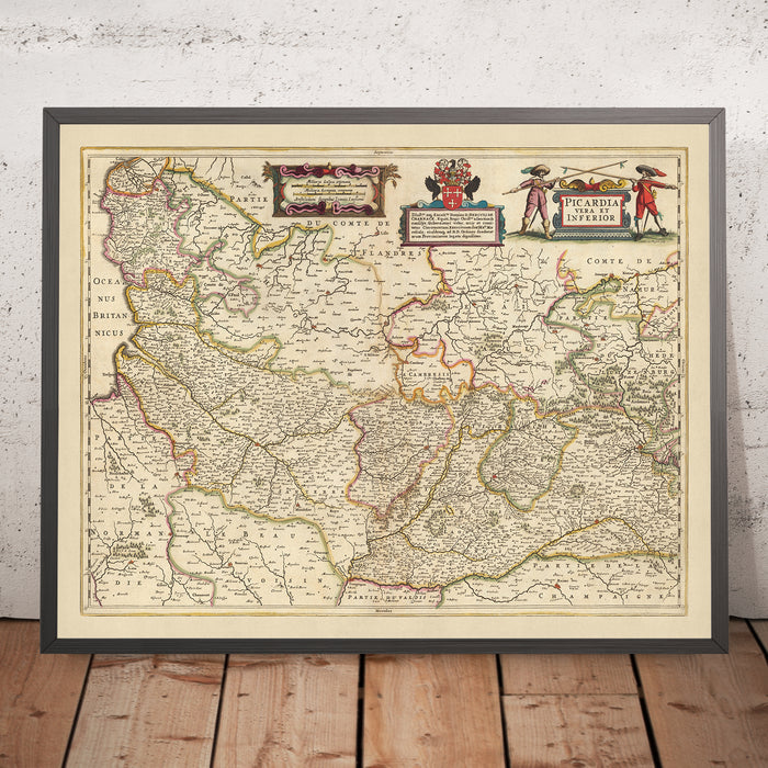 Old Map of Picardy, France by Visscher, 1690: Calais, Lille, Amiens, Reims, Scarpe-Escaut Park