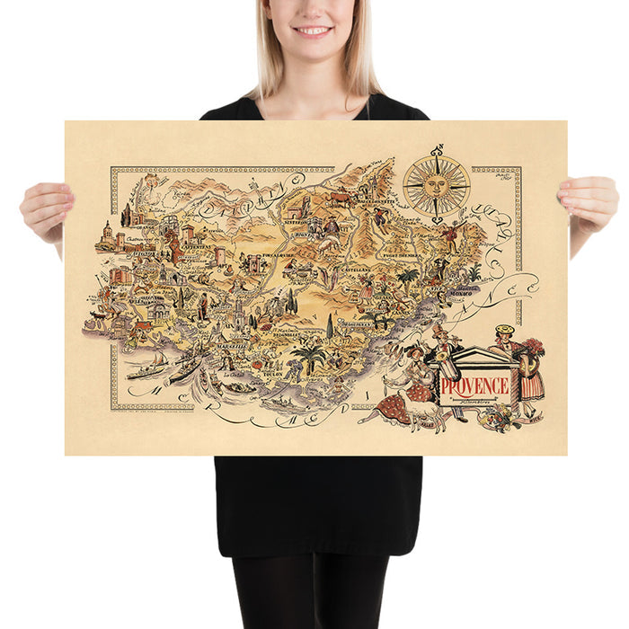 Old Map of Provence, France by Liozu, 1951: Marseille, Avignon, Cannes, Nice, Monaco