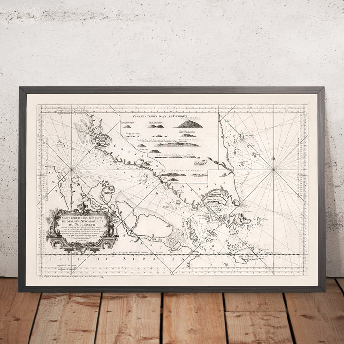 Old Map of Singapore & Malacca Strait by Bellin, 1755: Singapore Island, Malaysia, Indonesia, Lingga