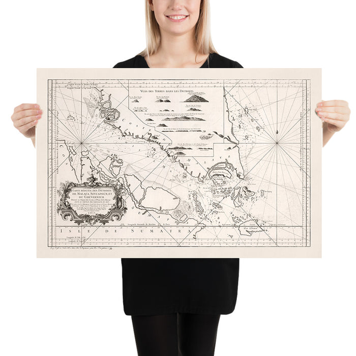 Old Map of Singapore & Malacca Strait by Bellin, 1755: Singapore Island, Malaysia, Indonesia, Lingga