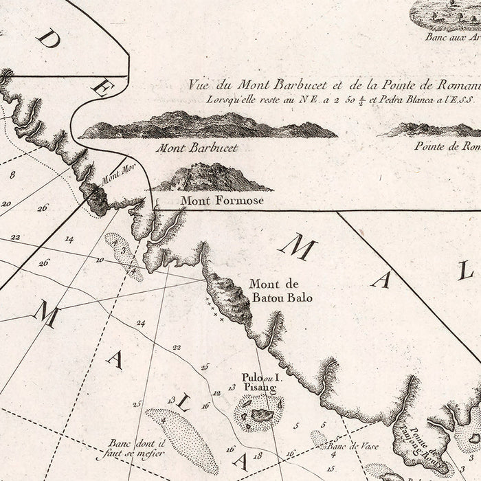 Old Map of Singapore & Malacca Strait by Bellin, 1755: Singapore Island, Malaysia, Indonesia, Lingga