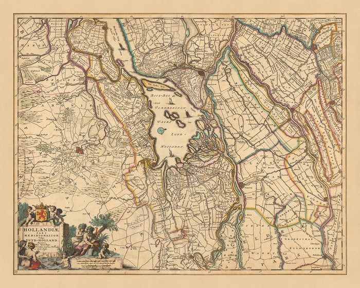 Old Map of South Holland by Visscher, 1690: Dordrecht, Breda, Roosendaal, Gouda, De Biesbosch National Park