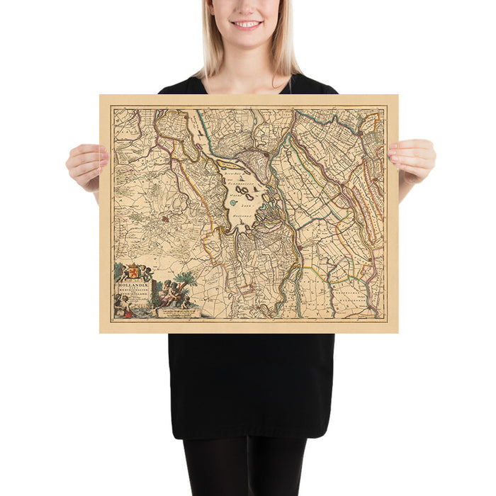 Old Map of South Holland by Visscher, 1690: Dordrecht, Breda, Roosendaal, Gouda, De Biesbosch National Park