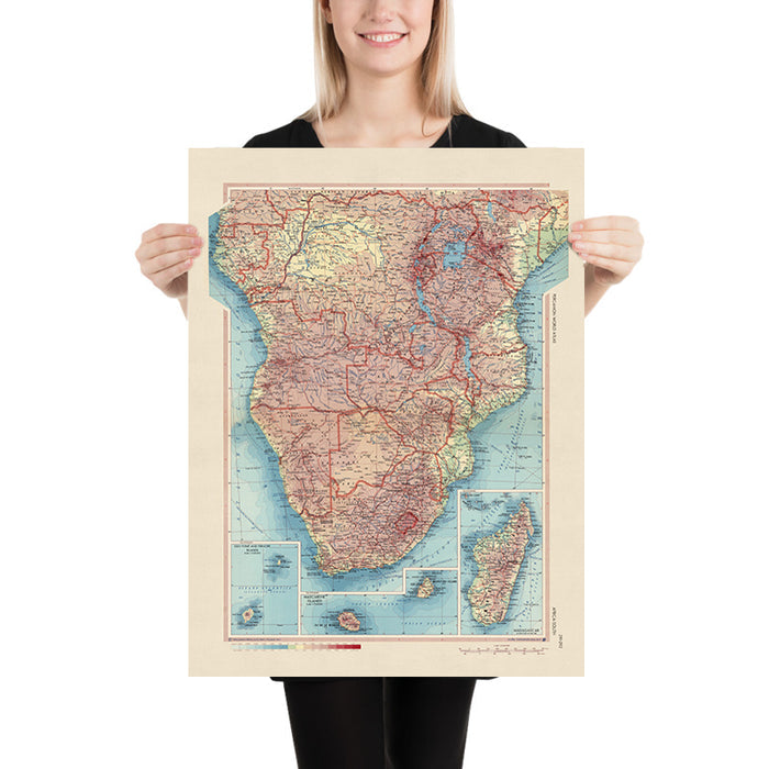 Old Map of Southern Africa, 1967: Congo, Zambia, South Africa, Madagascar, Lake Victoria