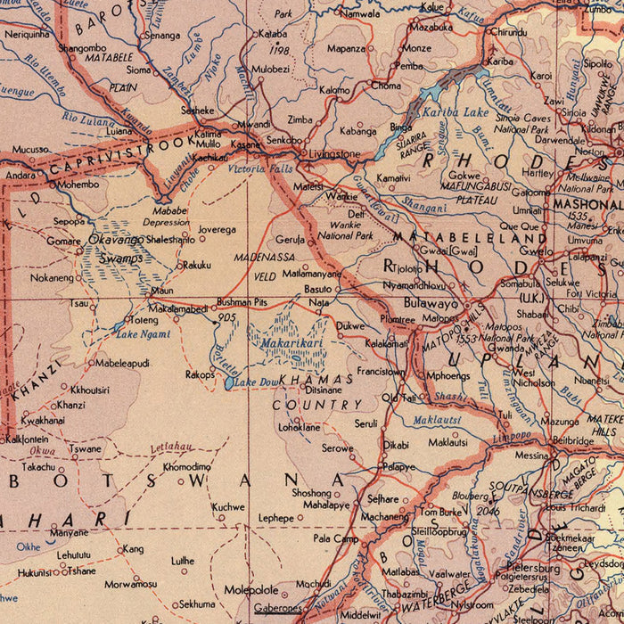 Old Map of Southern Africa, 1967: Congo, Zambia, South Africa, Madagascar, Lake Victoria